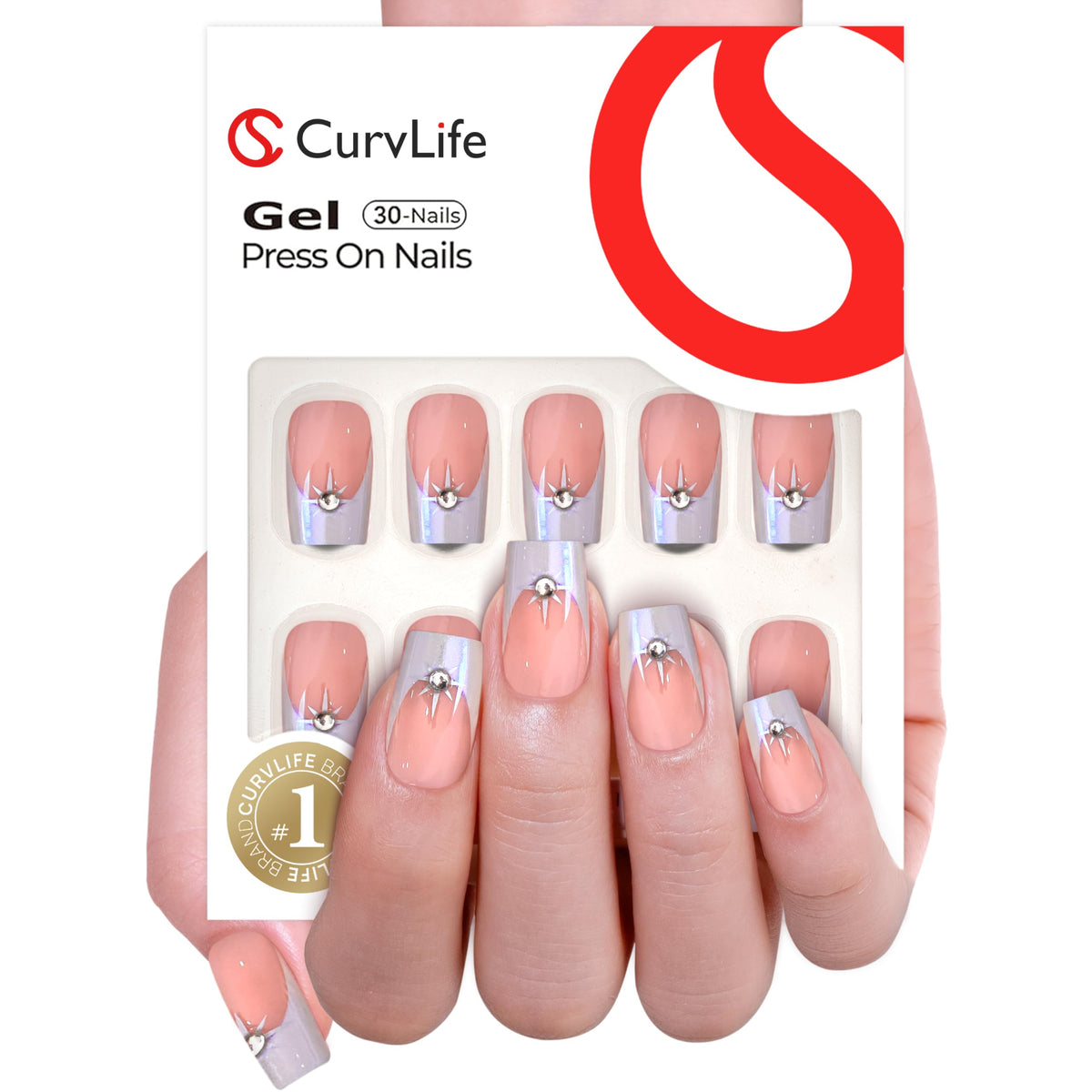 CurvLife top view of all 30 press-on nails arranged to show size variety and finish