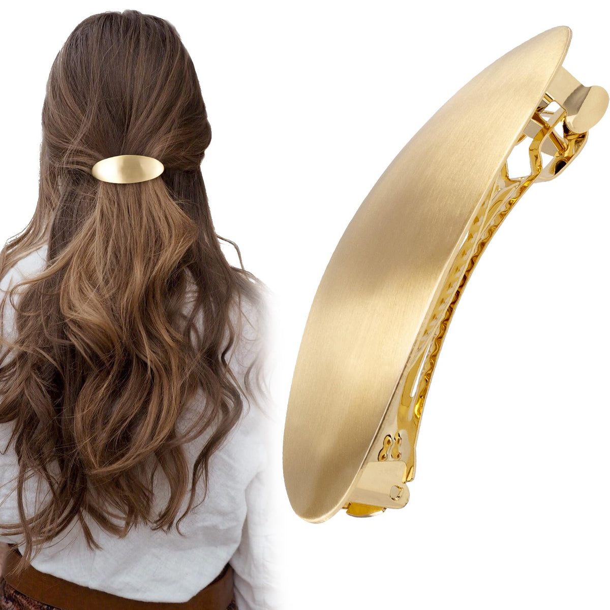 CustomyLife gold oval barrette front view showing elegant finish and reliable hold