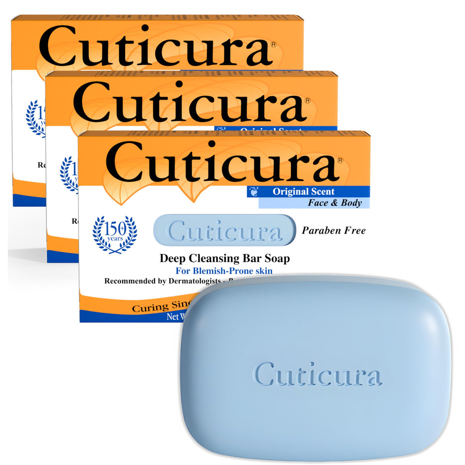 Cuticura front packaging showing three bars, clear value and acne support