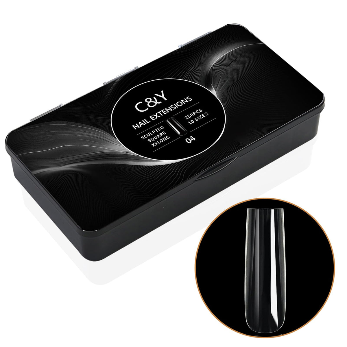 Cycullinyt front package showing 250 clear tips and organized box, fast prep advantage