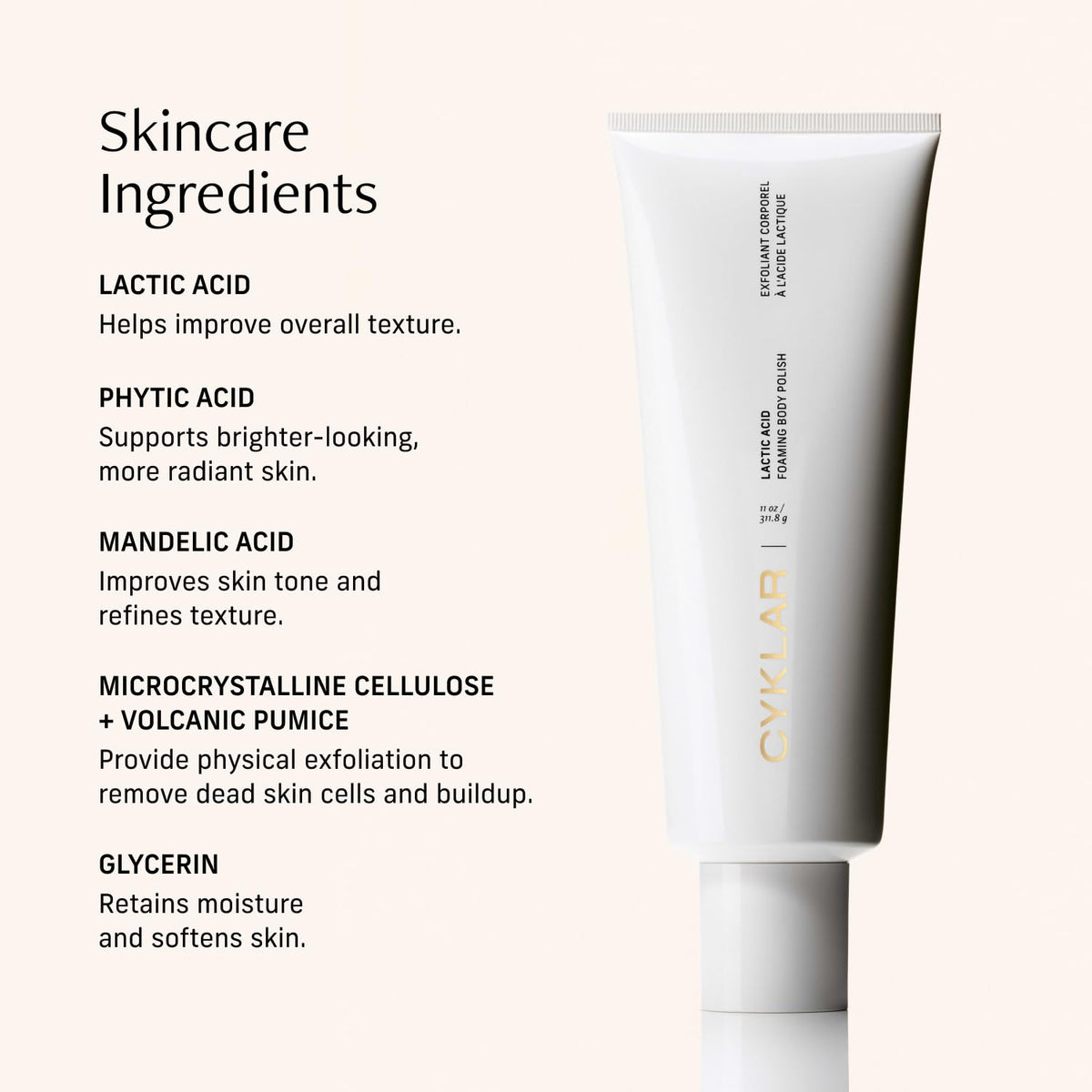 CYKLAR ingredient label close-up showing lactic acid and glycerin benefits