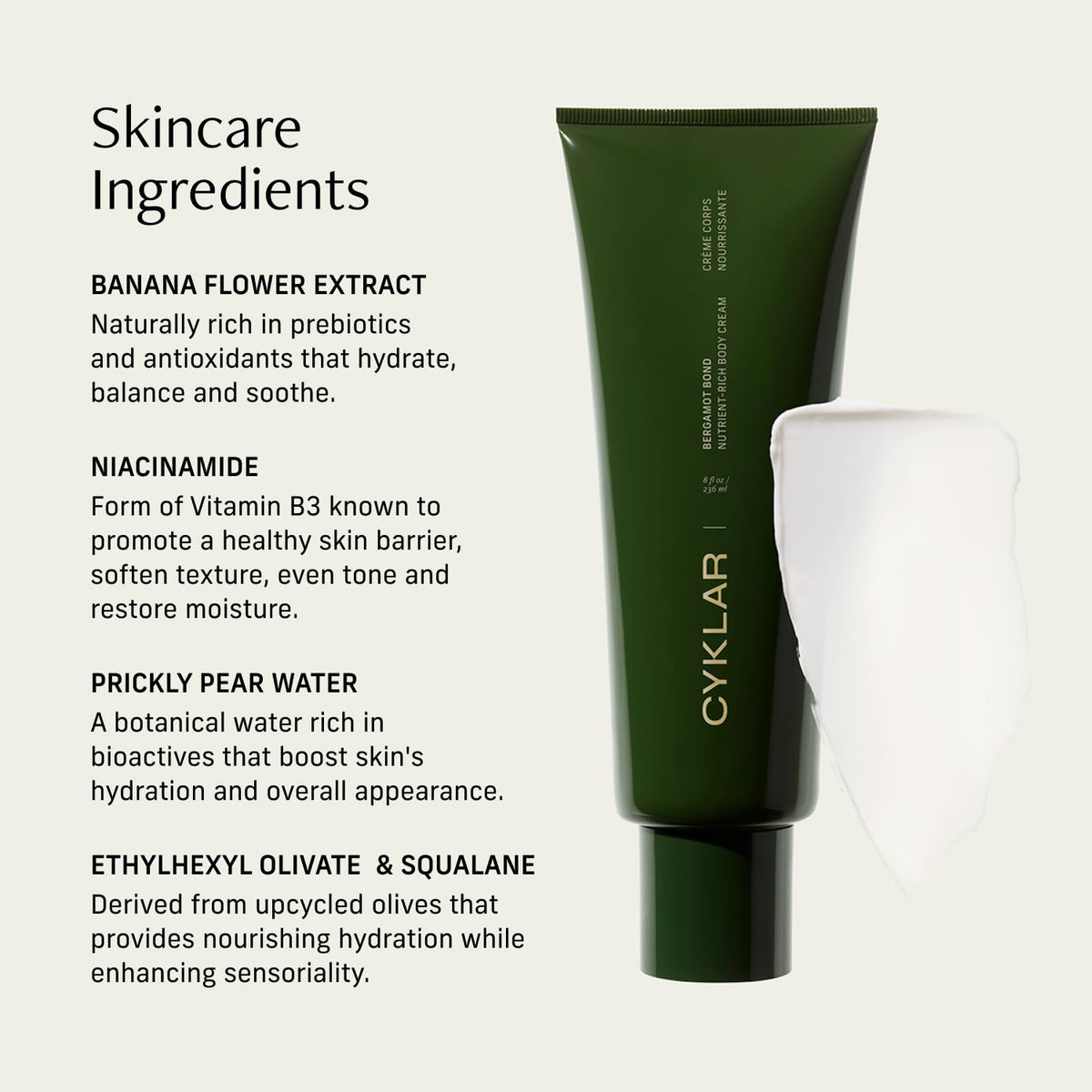 CYKLAR label close-up highlighting squalane and niacinamide benefits