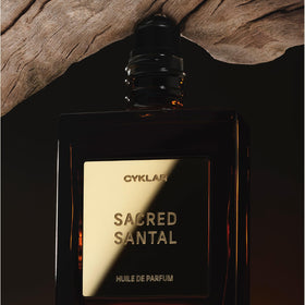CYKLAR Sacred Santal label and packaging detail indicating transparent branding and ingredients
