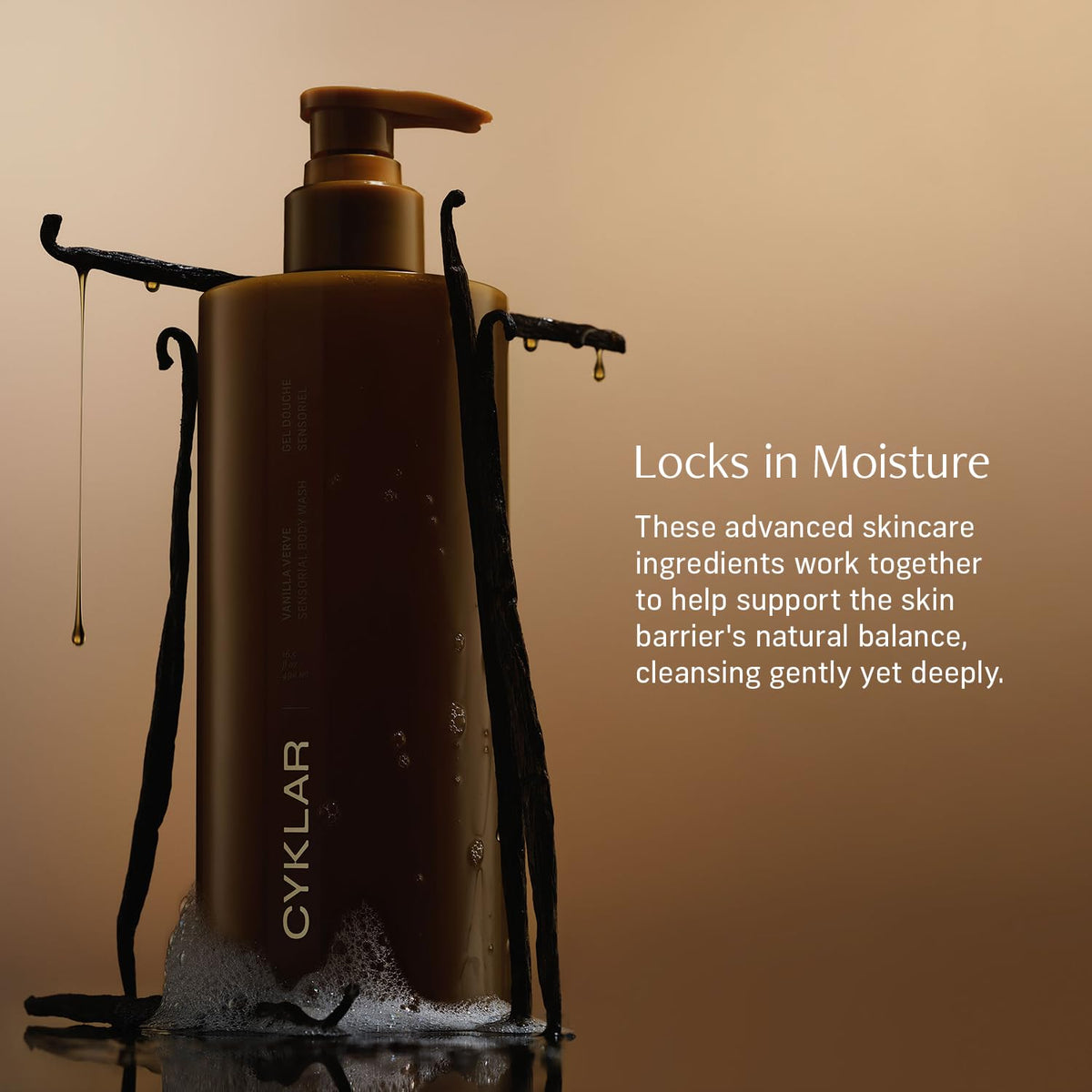CYKLAR creamy lather texture on hand showing silky foam benefit: gentle moisturizing cleanse