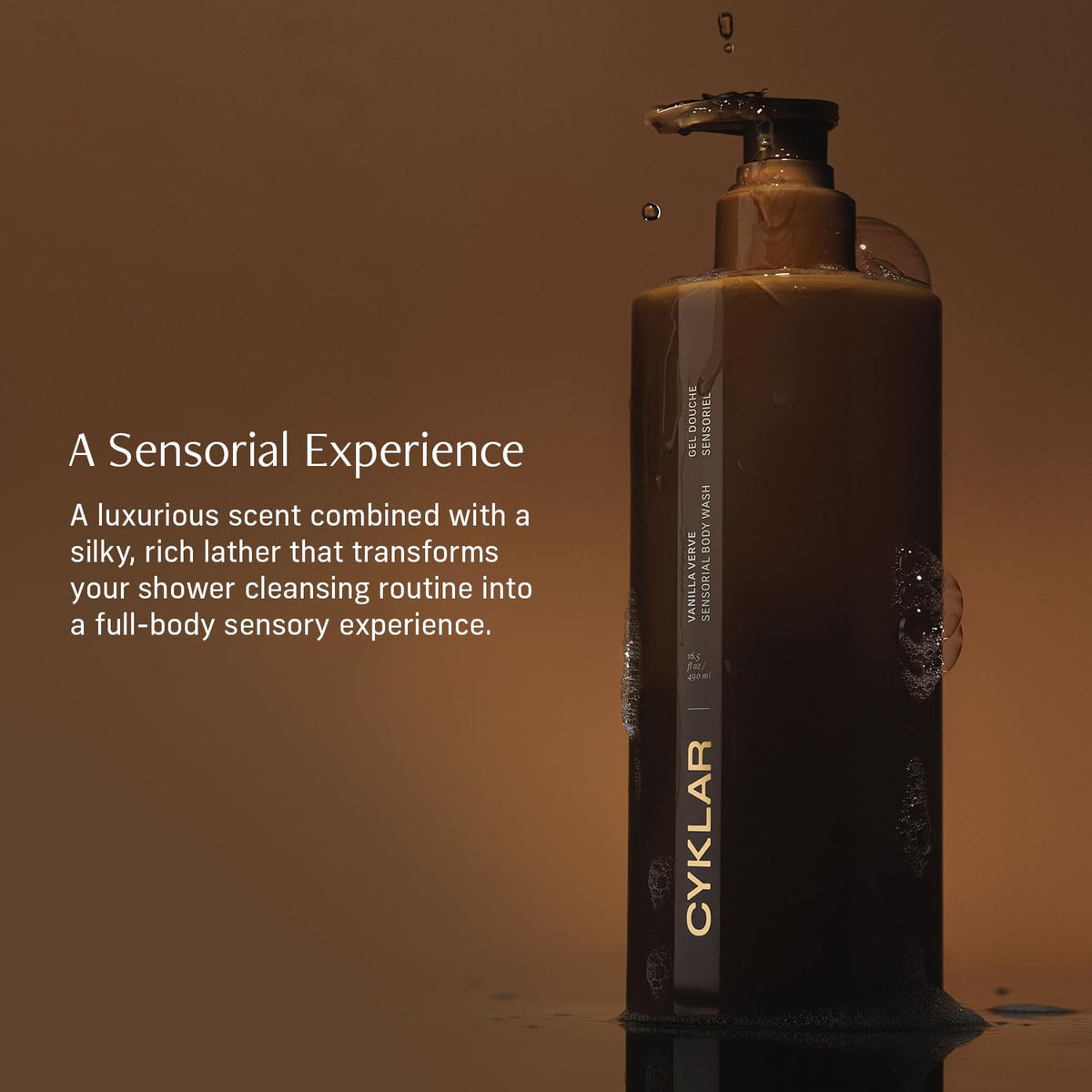 CYKLAR bottle staged in bathroom lifestyle scene showing daily routine benefit: luxurious self-care