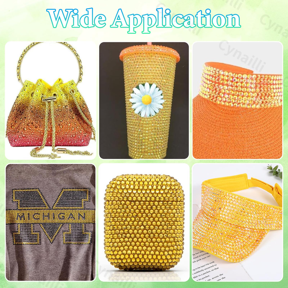 Cynailli decorated tumbler showcasing yellow gems applied for a bright craft finish