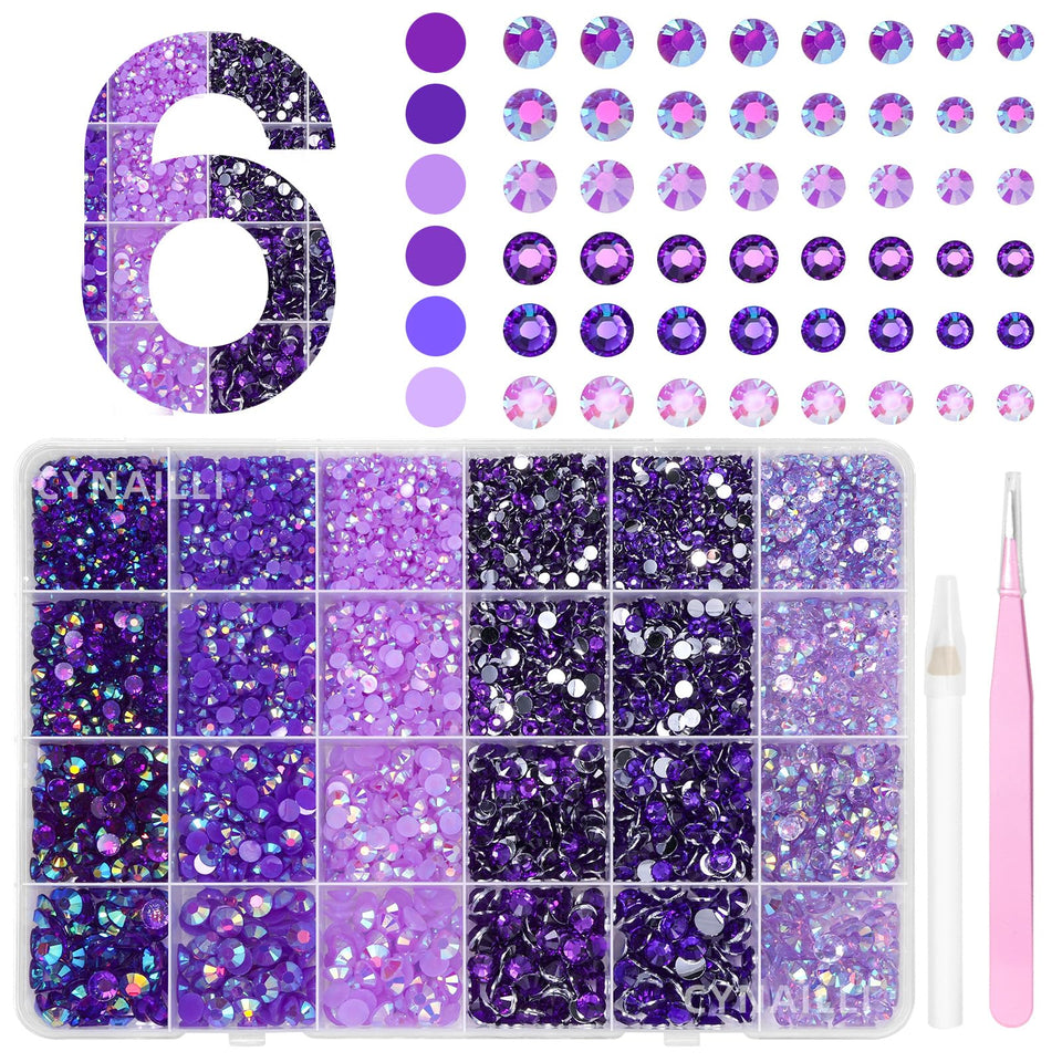 Cynailli front box open showing organized purple jelly rhinestones and included tools