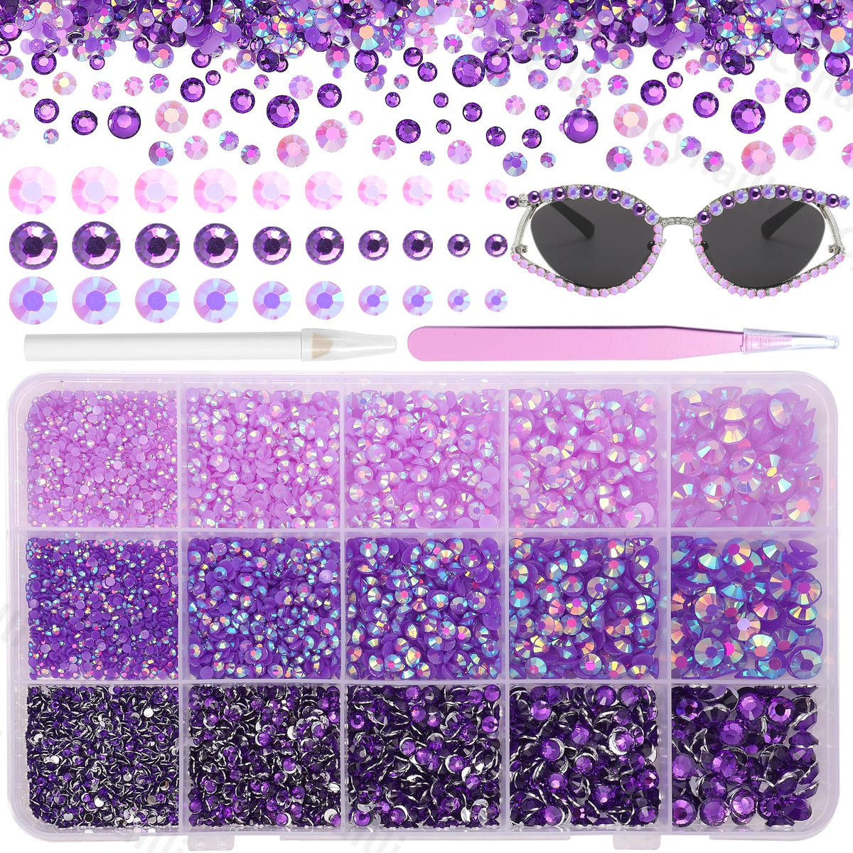 Cynailli front packaging showing full purple rhinestone kit benefits organization