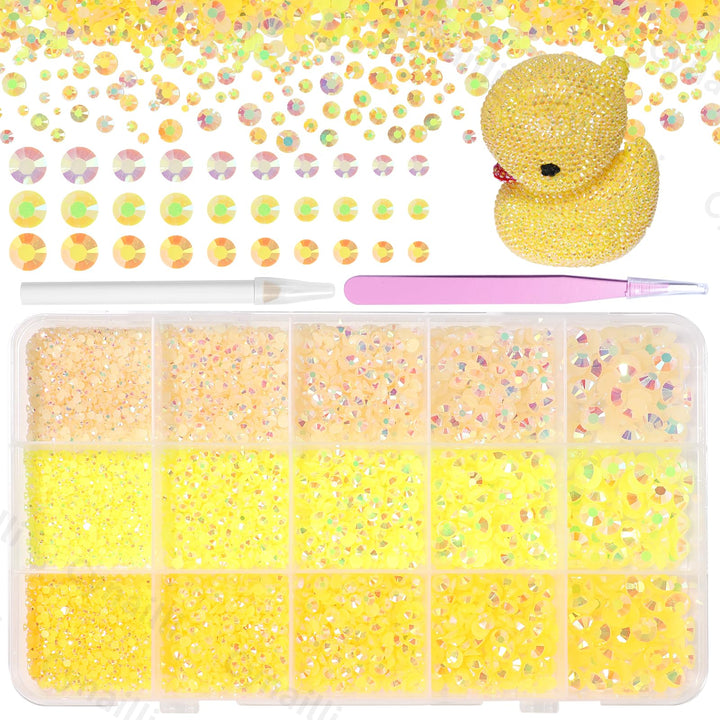 Cynailli front packaging showing 15,000 yellow rhinestones and tools for organized crafting