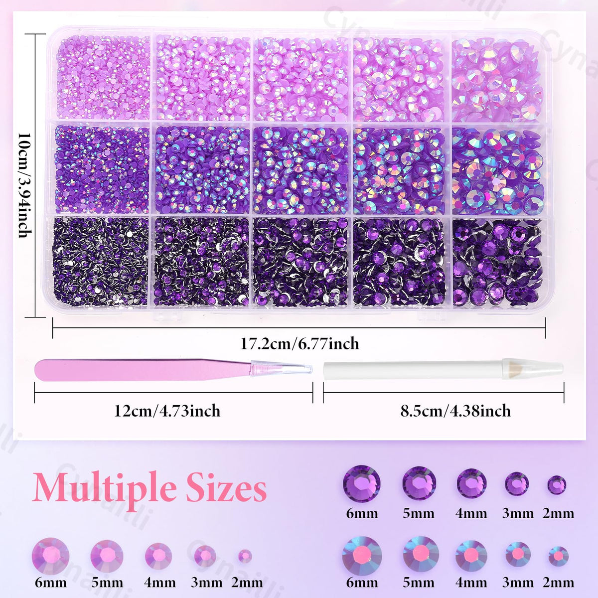 Cynailli organized box with 15 grids displaying separated purple gems for easy use