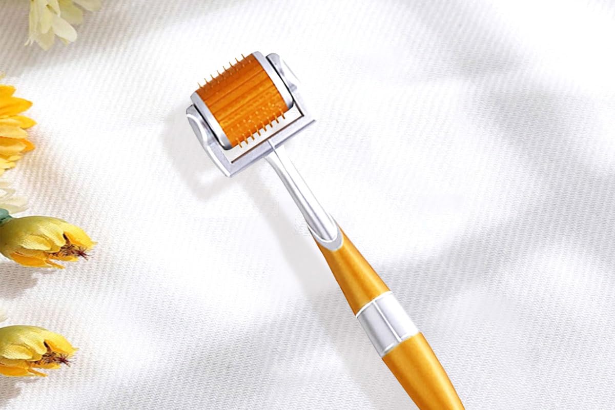 CYSSUS derma roller on bathroom counter with skincare bottles showing routine convenience