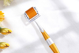 CYSSUS derma roller on bathroom counter with skincare bottles showing routine convenience