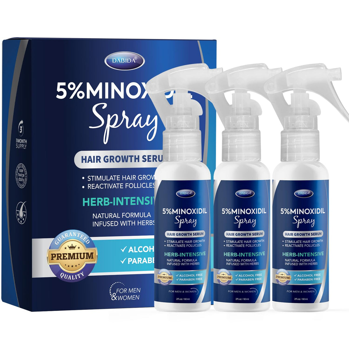 DABIDA front packaging showing three 2 fl oz bottles and product benefits