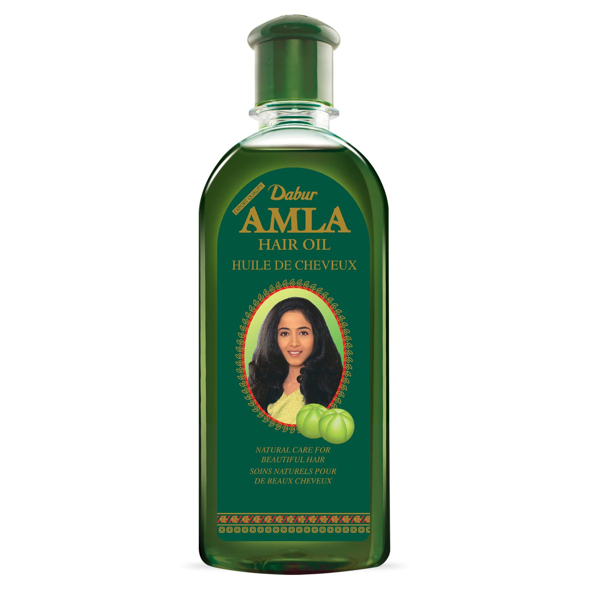 Dabur Amla Hair Oil bottle close-up highlighting packaging and purity