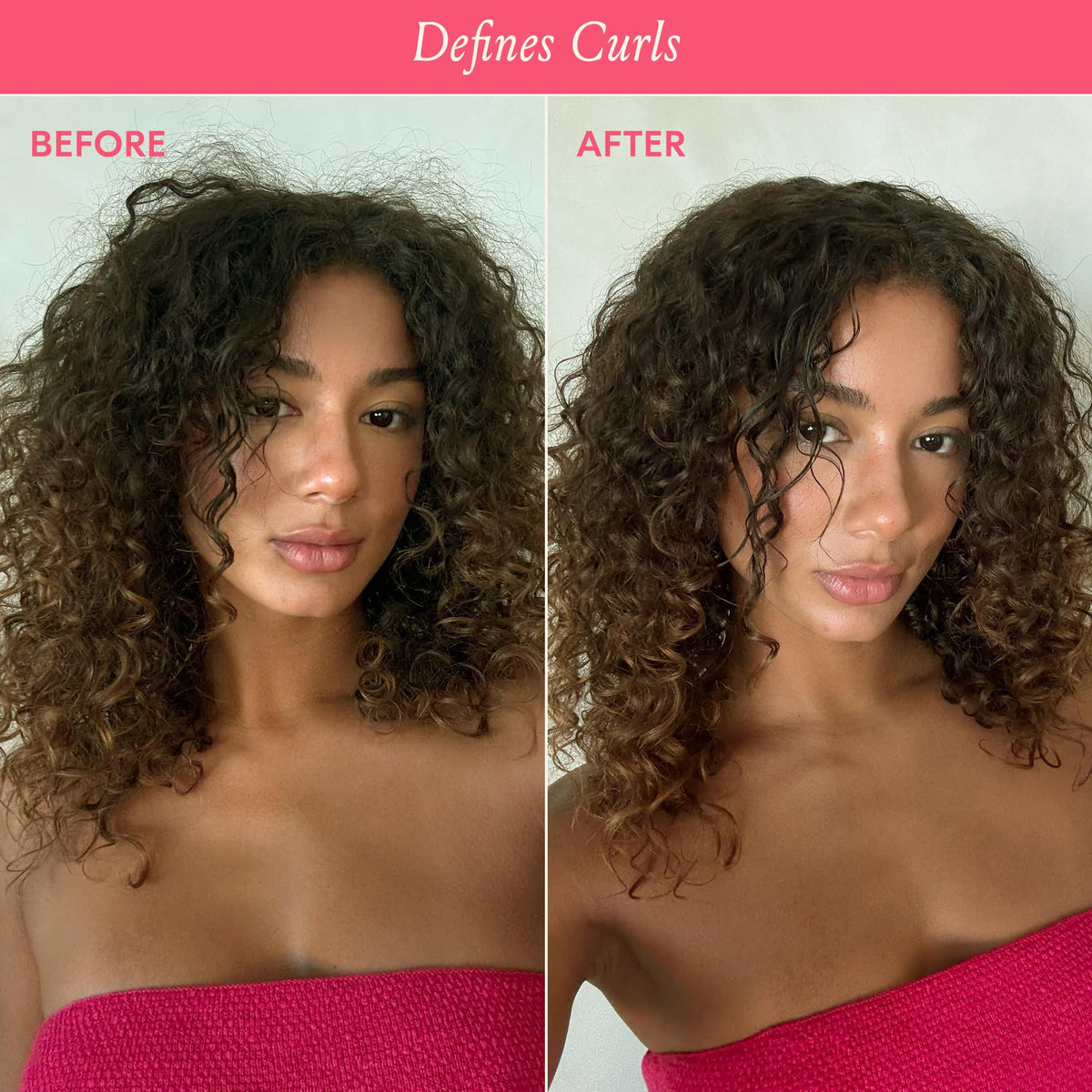 DAE before and after curls defined with reduced frizz and shine