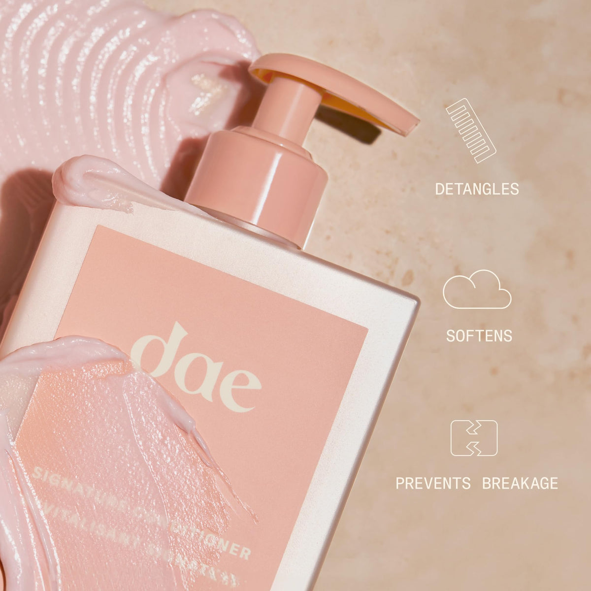 DAE conditioner pump and label close-up highlighting ingredient transparency and ease