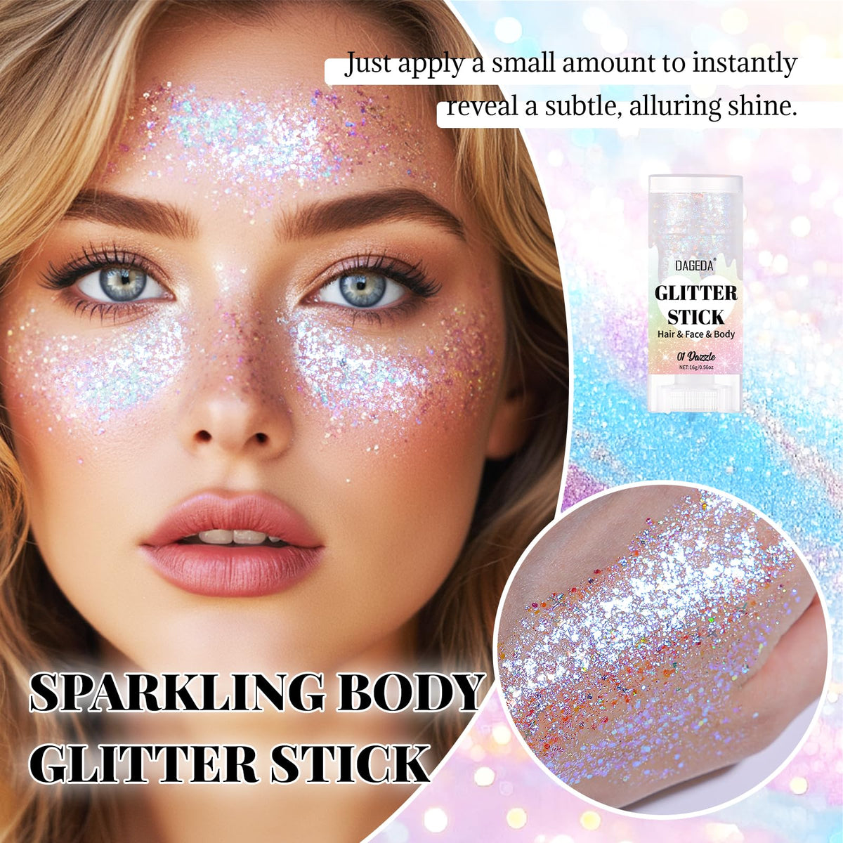 DAGEDA dazzle texture close-up revealing chunky glitter and holographic shine benefit