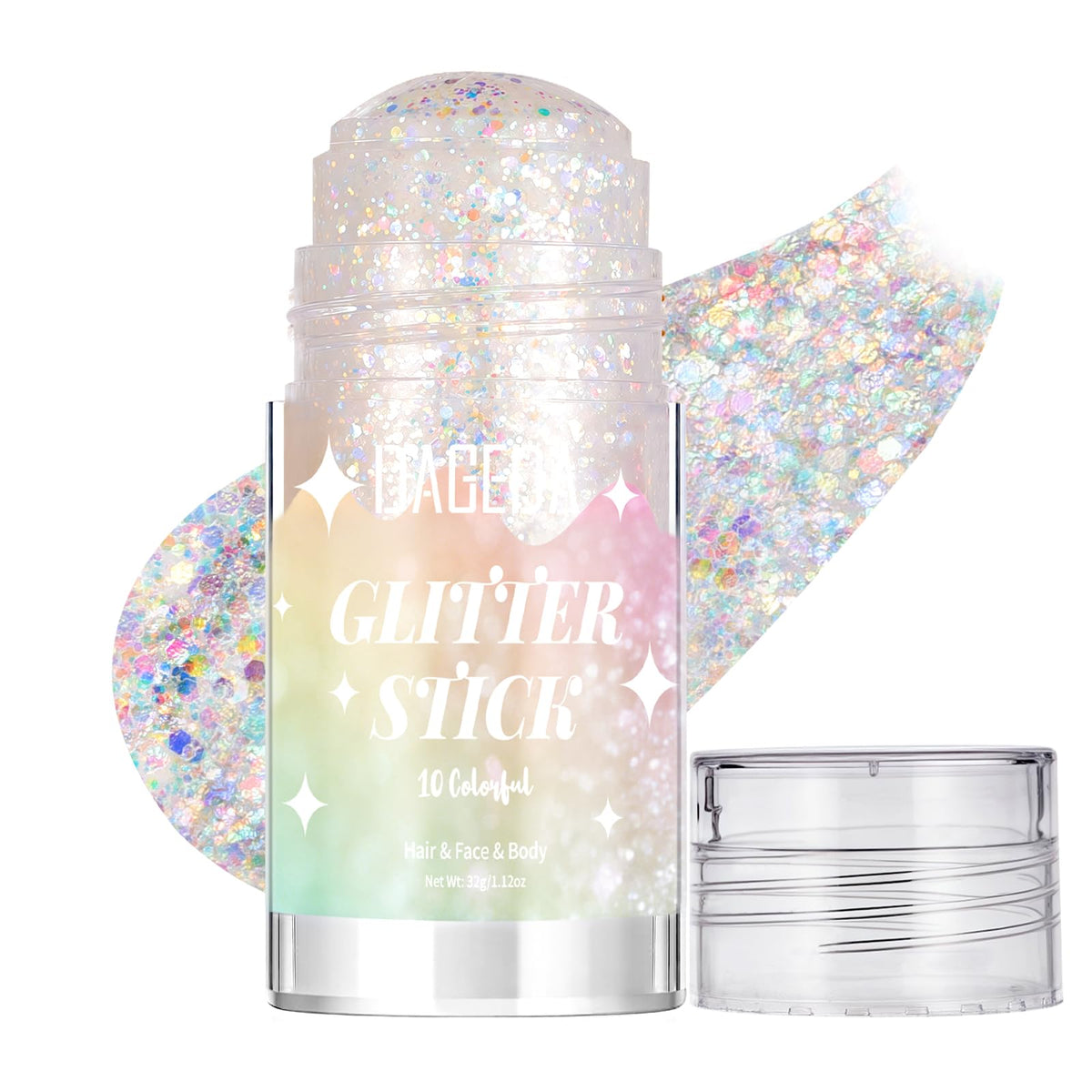 DAGEDA front packaging and cap showing compact glitter stick for portability