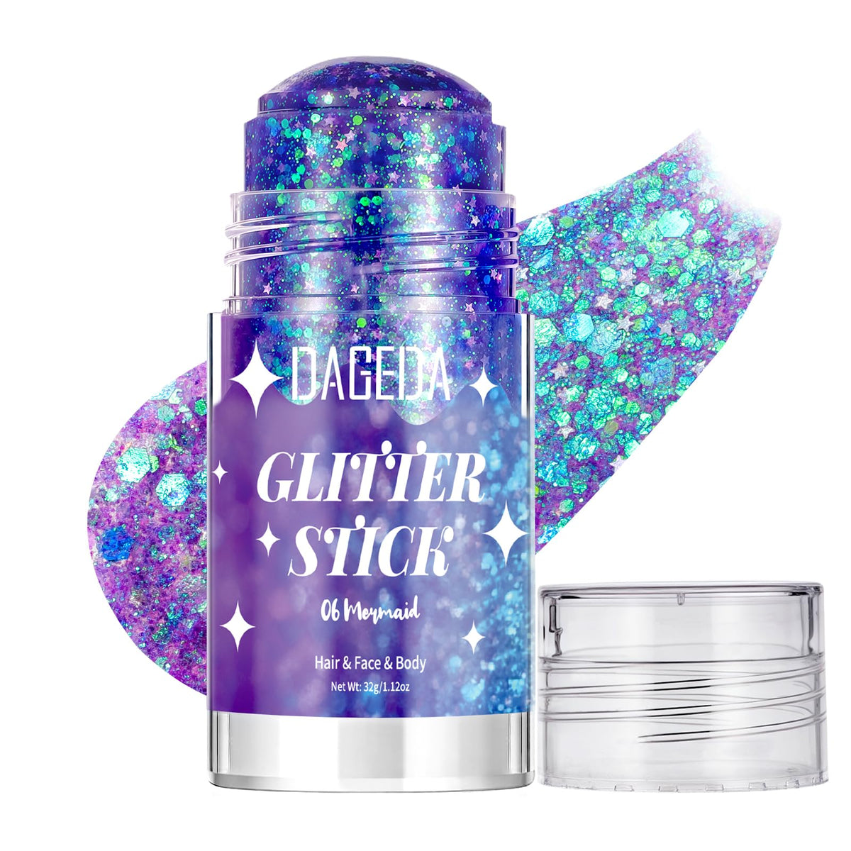 DAGEDA mermaid glitter stick front packaging showing holographic sheen and benefit