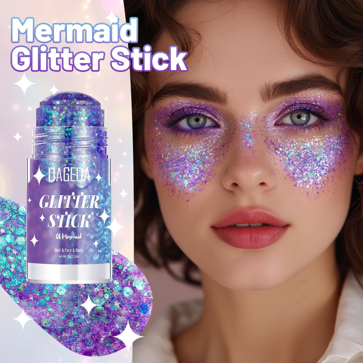 DAGEDA glitter stick texture close-up displaying multi-sized holographic sparkle