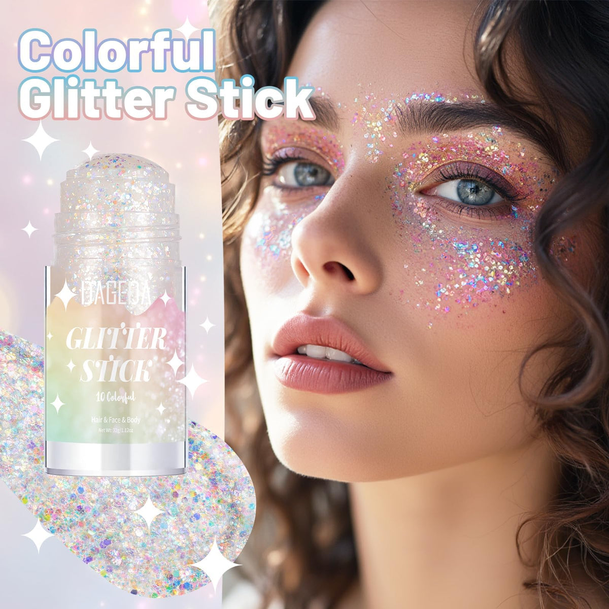 DAGEDA stick texture close-up revealing holographic sparkle and cream glide