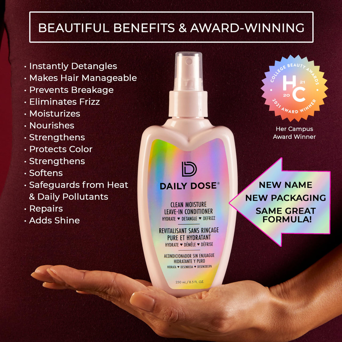 DAILY DOSE spray dispensed into hand demonstrating lightweight mist benefit