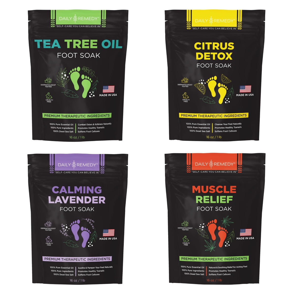 DAILY REMEDY front packaging showing the four-soak variety for easy selection and storage
