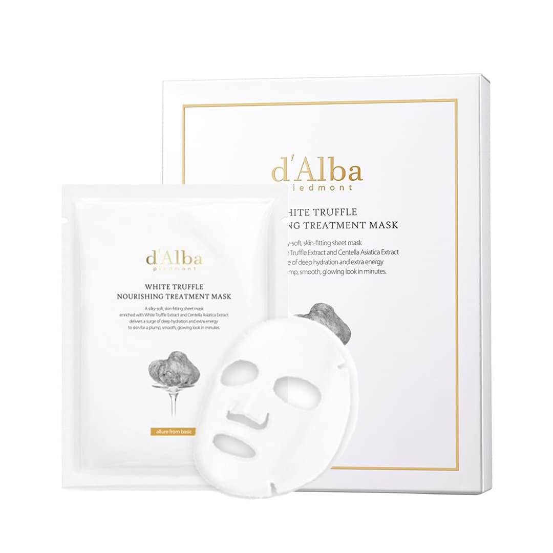 d'alba Piedmont box and five sheet masks displayed, highlighting vegan benefit