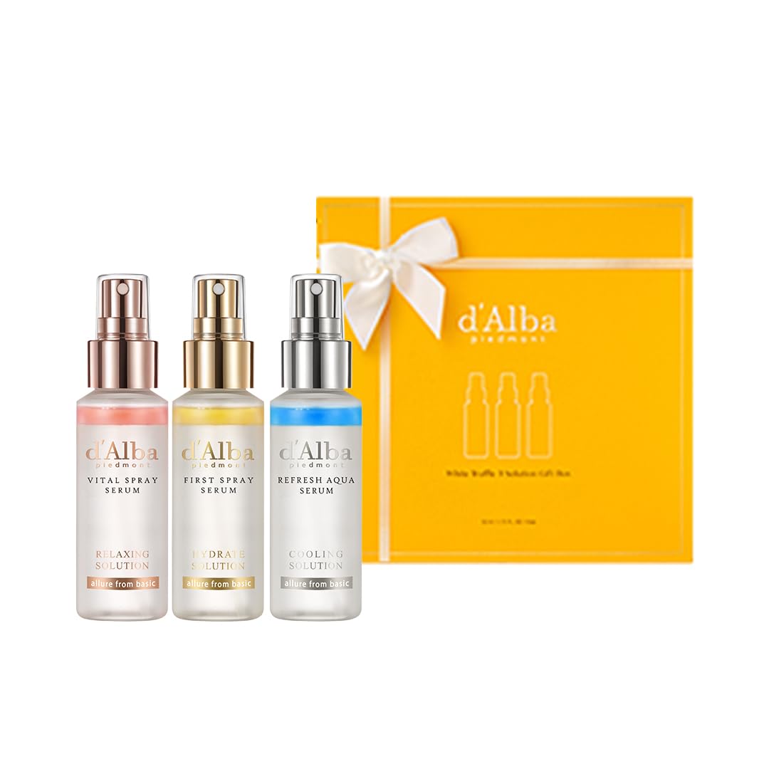 d'alba Piedmont front packaging showing three compact spray serums and gift-ready design