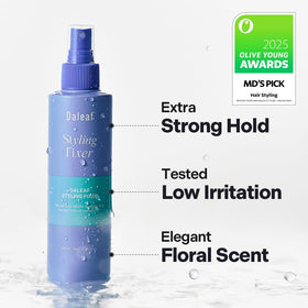 DALEAF misting onto hair strands to lock curls and volume