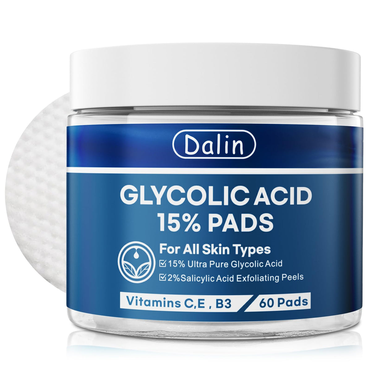 Dalin jar front view showing label and 60 resurfacing pads for clear skin