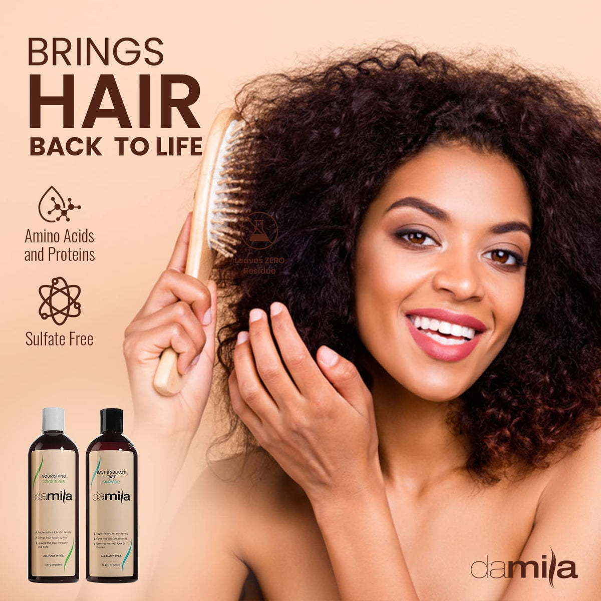 damila conditioner applied to wet curly hair, helps define and soften curls