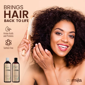 damila conditioner applied to wet curly hair, helps define and soften curls