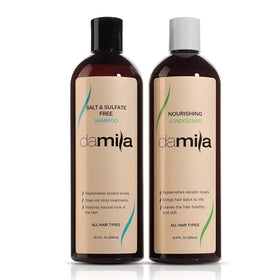 damila front packaging shows professional-size shampoo and conditioner, boosts value