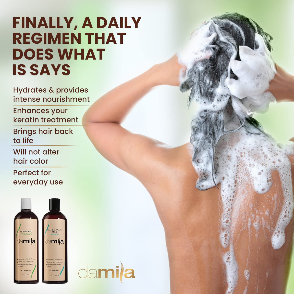 damila shampoo pouring from bottle into hand, illustrates easy dispensing
