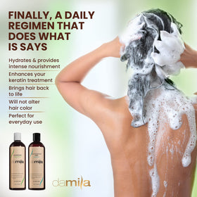 damila shampoo pouring from bottle into hand, illustrates easy dispensing
