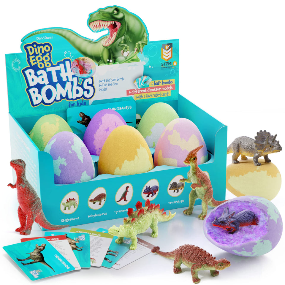 Dan&Darci front packaging showing six colorful dino eggs and benefits of surprise play
