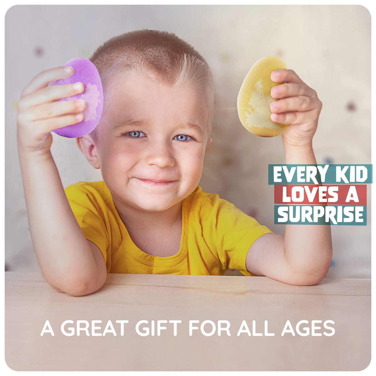 Dan&Darci egg next to child’s hand to show real size and easy handling