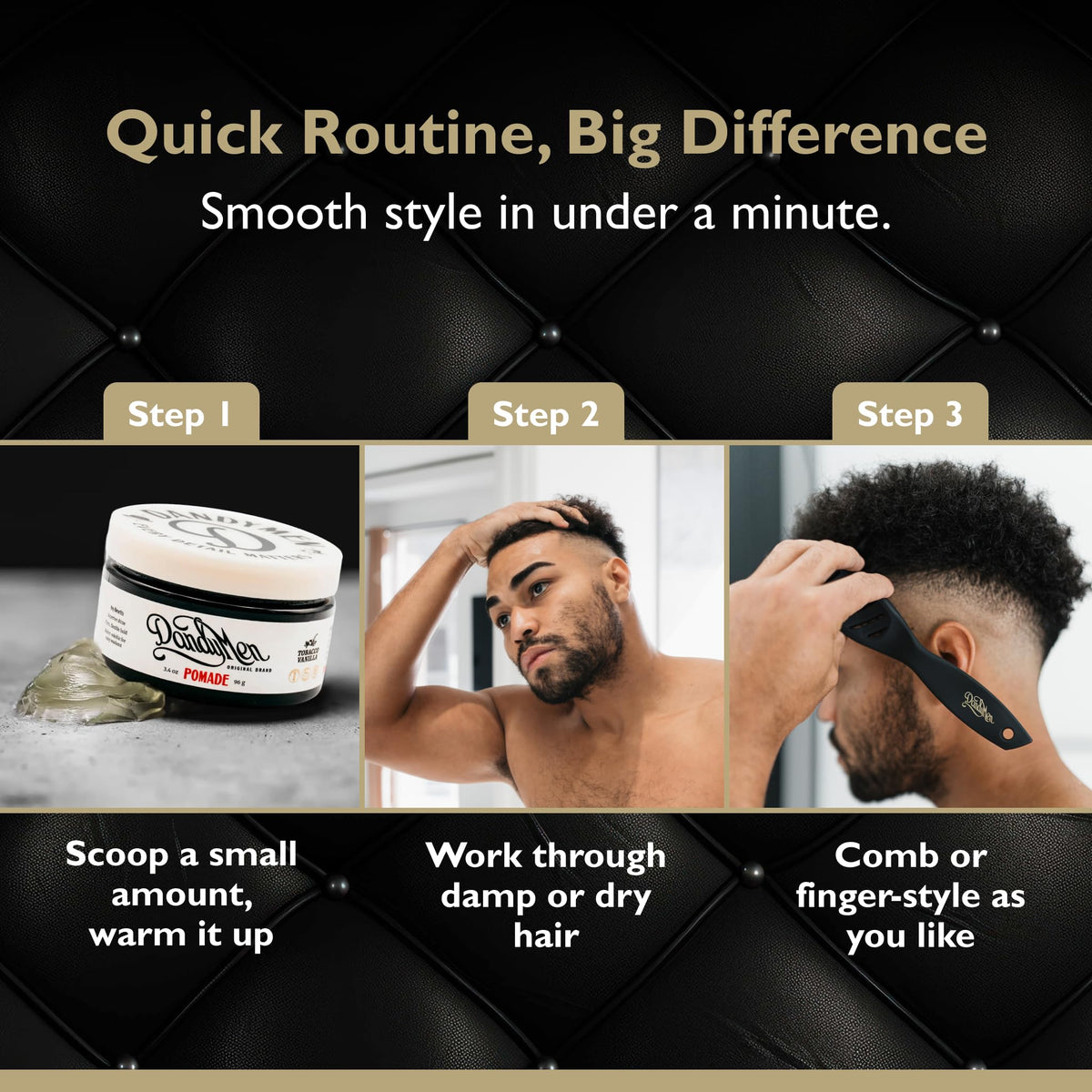 3.4 oz DandyMen pomade next to ruler showing compact travel size