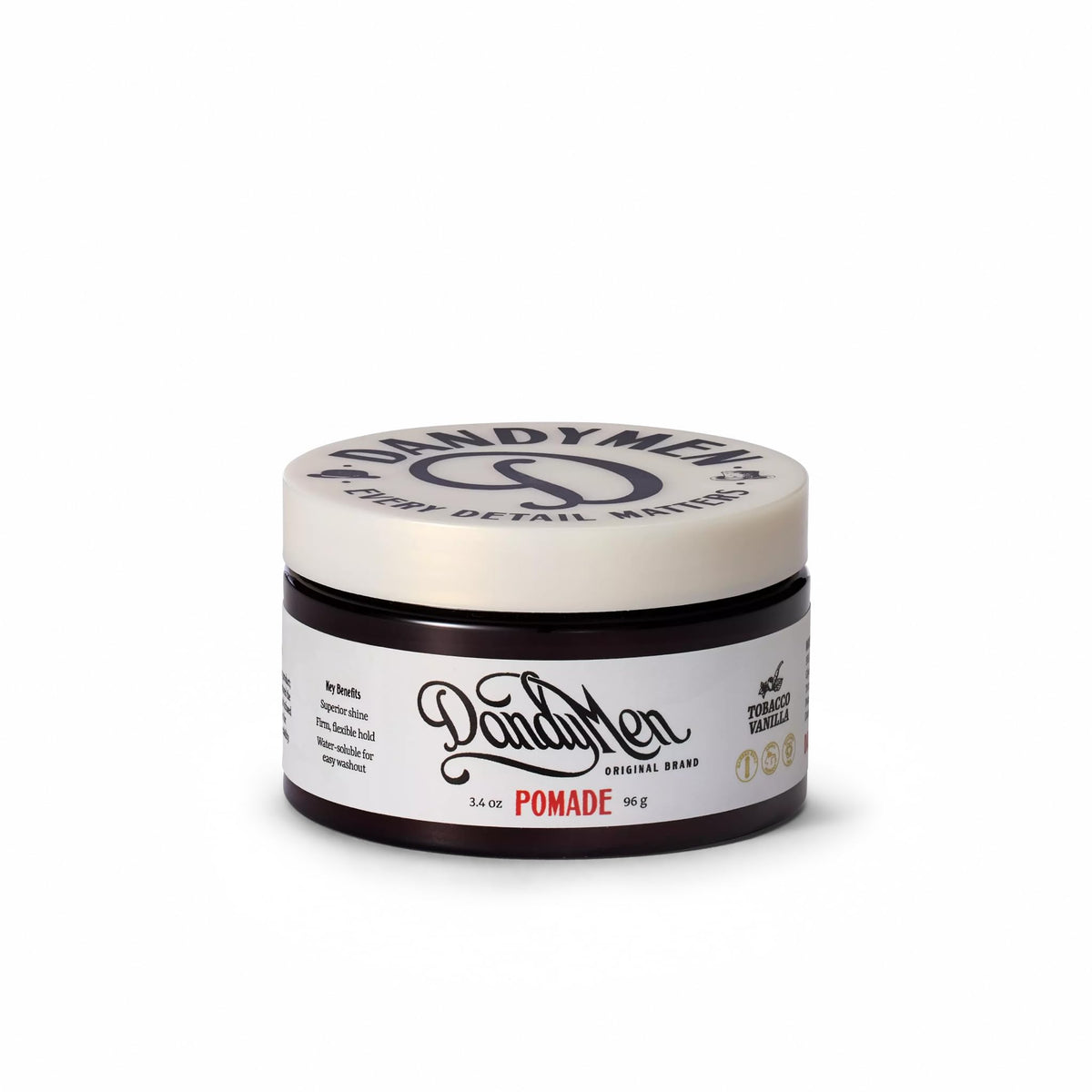 DandyMen pomade front label showing strong hold and high shine benefits