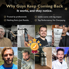 DandyMen bottle in hand to show size and travel-friendly convenience benefit
