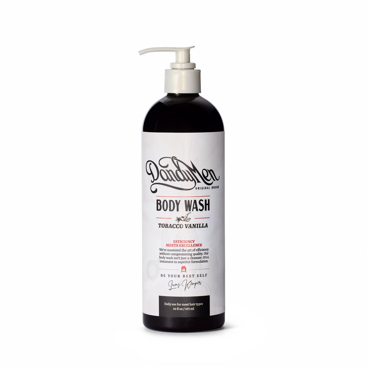 DandyMen front packaging showing 16 oz bottle and signature scent benefits