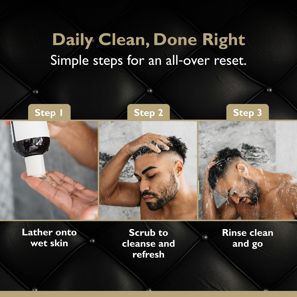 DandyMen bottle on shower shelf demonstrating quick rinse and daily use