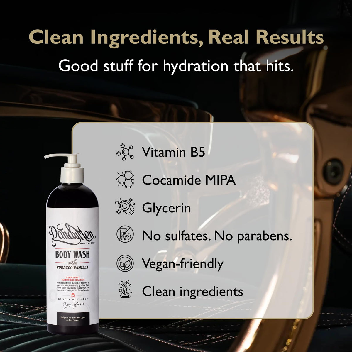DandyMen label ingredients shot highlighting Pro‑Vitamin B5 and sourcing