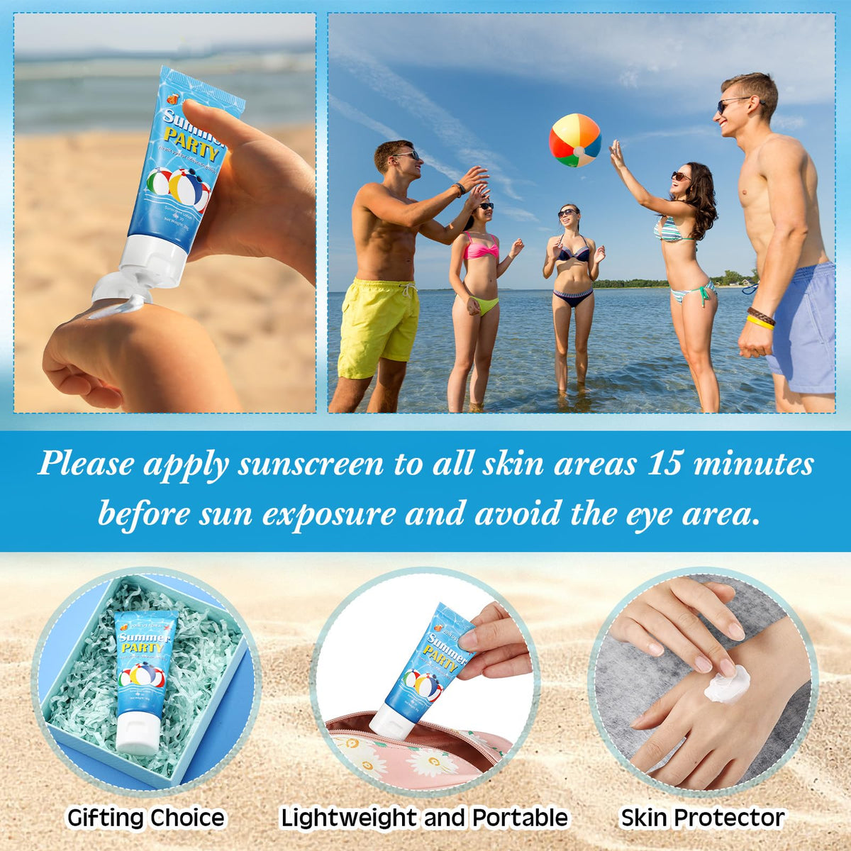 Dansib sunscreen used at the beach showing portable reapplication convenience