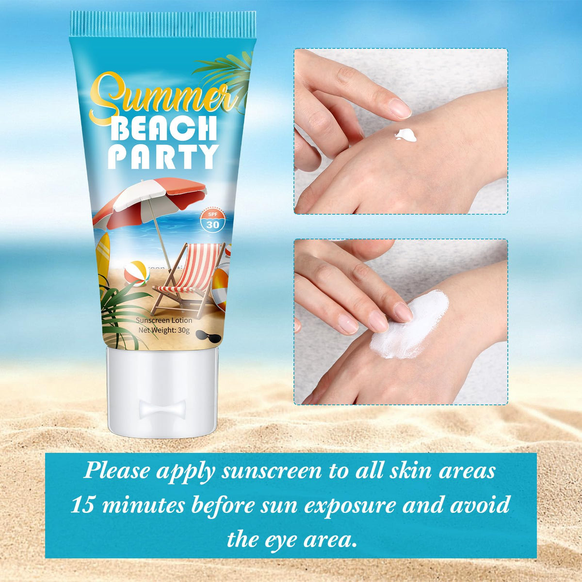 Dansib sunscreen tubes staged at beach party showing ideal favor benefit