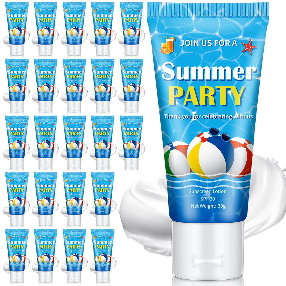 Dansib front packaging showing 24 mini sunscreen bottles and party presentation benefit