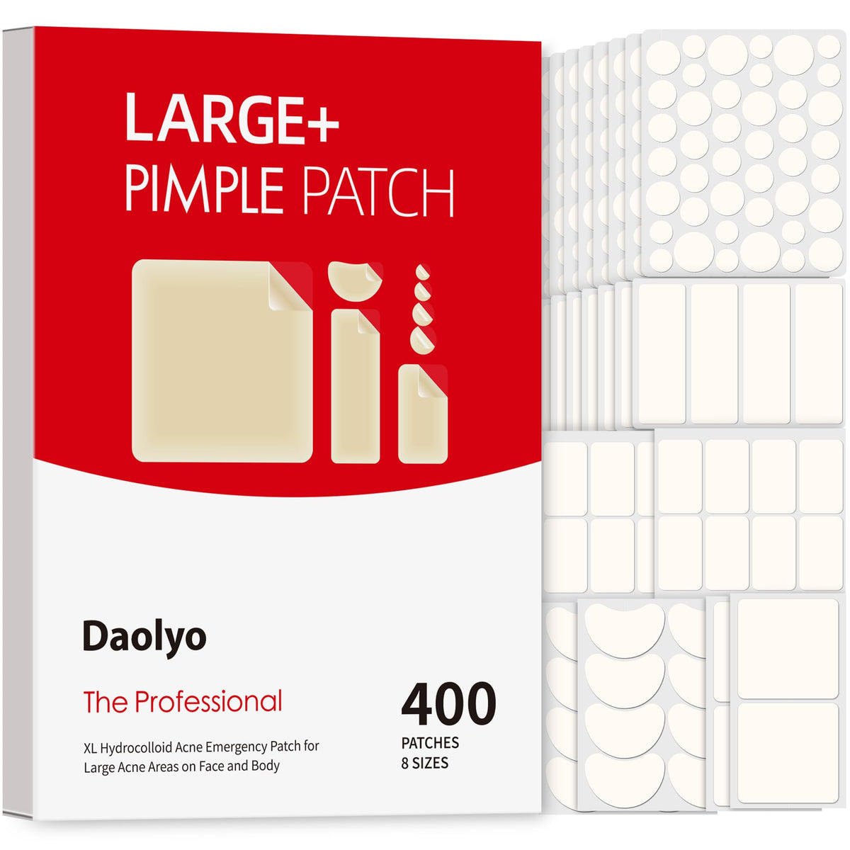 Daolyo front packaging showing 8 sizes and 400 patches for versatile use
