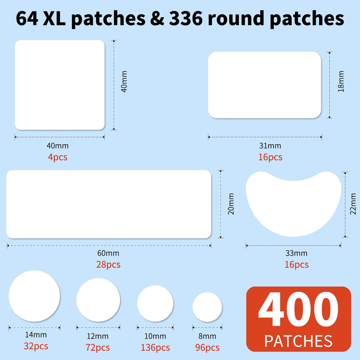 Daolyo arranged patches displaying all eight sizes and shapes for selection