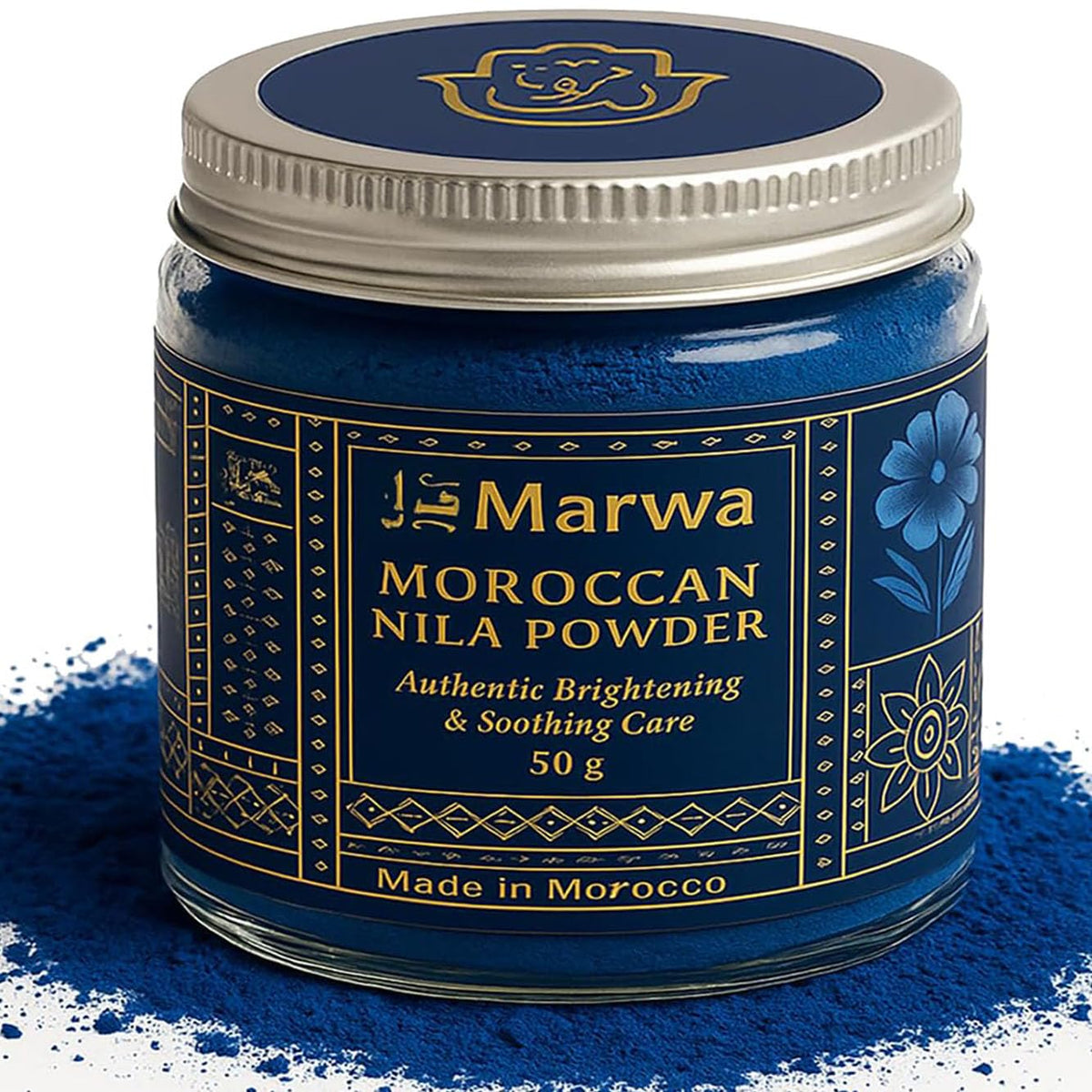 Dar Marwa jar front view showing nila powder and authentic Moroccan packaging benefits ritual-ready